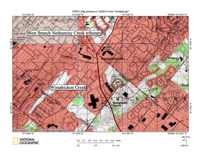 Figure 1: Wissahickon Creek flows from its headwaters to the map southwest corner. A West Branch Neshaminy Creek tributary flows in a northeast direction across the northwest corner of the map. Little Neshaminy Creek headwaters are near the map south center edge and flow in a northeast and east direction to the map east edge (slightly south of center). United States Geological Survey map presented using National Geographic TOPO software.