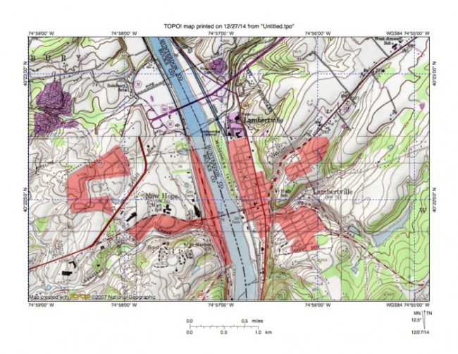 Figure 5: Delaware River valley at New Hope, PA and Lambertville, NJ. Note how tributary streams from the west flow in northeast directions to join the south oriented Delaware River as barbed tributaries while tributaries from the east flow in southwest directions. This evidence suggests the Delaware River valley eroded headward across multiple southwest oriented channels. United States Geological Survey map presented using National Geographic TOPO software.