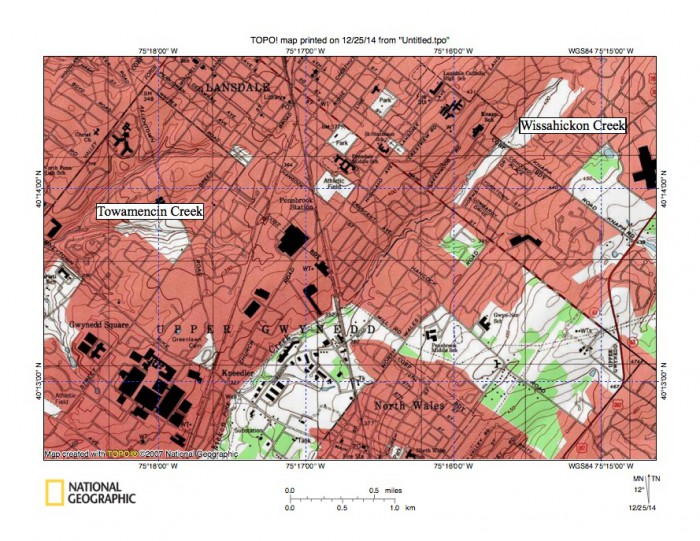 Figure 4: Relationship of southwest oriented Wissahickon Creek headwaters to southwest oriented Towamencin Creek headwaters. West of map Towamencin Creek flows to south and southwest oriented Skippack Creek, which then flows to south oriented Perkiomen Creek, which in turn flows to the southeast oriented Schuylkill River. Southwest oriented Towamencin Creek headwaters along with the southwest oriented Wissahickon Creek headwaters are relics of the southwest oriented drainage routes that once crossed the region. United States Geological Survey map presented using National Geographic TOPO software.