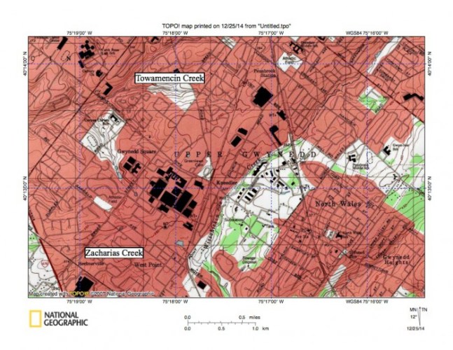 Figure 6: Wissahickon Creek water gap near North Wales is located near center of map. Wissahickon Creek flows in a south-southwest and south-southeast direction from the map north center edge to the water gap and south of the water gap turns to flow in an east direction to near the map southeast corner. Southwest oriented Zacharias Creek headwaters are located in the map northwest corner, with Zacharis Creek flowing to south and southwest oriented Skippack Creek, which flows to Perkiomen Creek, which in turn flows to the Schuylkill River. Note ridge extending from the map southwest corner to the map northeast corner through which Wissahickon Creek has eroded its North Wales water gap. Unnamed southwest oriented tributaries join Wissahickon Creek south of the water gap. United States Geological Survey map presented using National Geographic TOPO software.