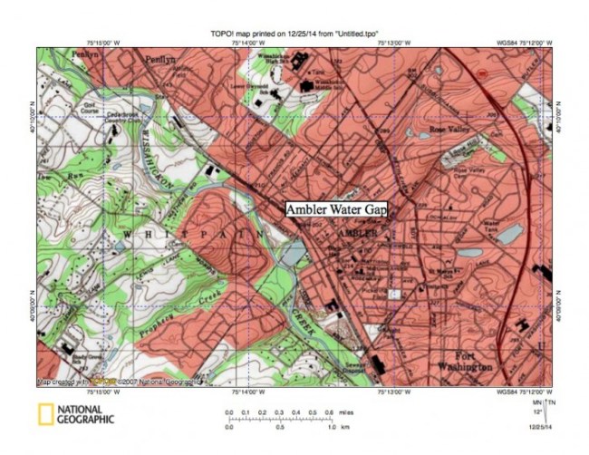 Figure 8: Wissahickon Creek flows in a southeast direction across low southwest to northeast oriented ridges in the Ambler region. Northeast oriented tributaries, including Prophecy Creek, from the southwest join Wissahickon Creek as barbed tributaries while southwest oriented tributaries flow to Wissahickon Creek from the northeast. The northeast and southwest orientation of tributaries in the Ambler region provide evidence the Wissahickon Creek valley eroded headward across multiple southwest oriented flow channels. United States Geological Survey map presented using National Geographic TOPO software.