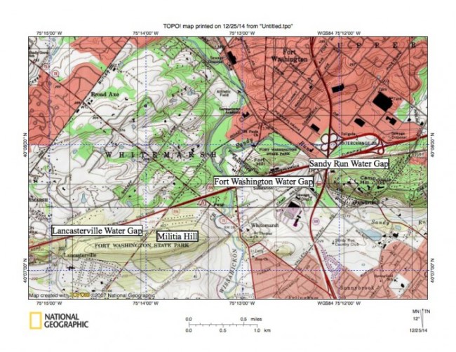 Figure 9: A shallow northeast to southwest oriented valley with an elevation of slightly less than 300 feet in the Wing Field area links the northeast oriented Prophecy Creek headwaters valley with the southwest oriented Plymouth Creek headwaters. Prophecy Creek flows to southeast oriented Wissahickon Creek as a barbed tributary. Much deeper valleys with elevations of slightly more than 200 feet link the Wissahickon Creek valley with Plymouth Creek are located just south of figure 9. United States Geological Survey map presented using National Geographic TOPO software.