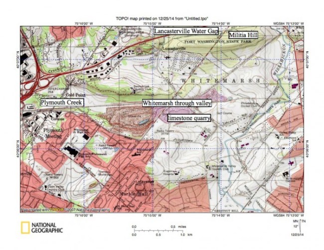 Figure 12: Whitemarsh Valley just north of the metamorphic and igneous rock ridge through which the Wissahickon Gorge is cut. Wissahickon Creek flows in a south direction near the east edge of the map across the Whitemarsh Valley to reach the gorge entrance seen in figure 14. Plymouth Creek drains in a south and southwest direction to eventually reach the Schuylkill River (upstream from the Schuylkill River gorge). The Whitemarsh through valley near the map center links the Wissahickon Creek valley with the Plymouth Creek valley and has an elevation of 206 feet where the railroad crosses the drainage divide (just north of the limestone quarry). The entire Whitemarsh Valley area is lower in elevation than crest elevations on the metamorphic and igneous rock ridge through which the downstream Wissahickon Creek gorge is cut. United States Geological Survey map presented using National Geographic TOPO software.